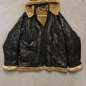 Vintage Wilda Patchwork Leather Faux Fur Lined Hooded Bomber Jacket 4XL
